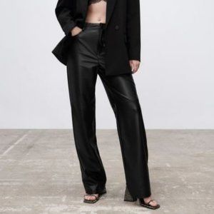 Zara | Faux Leather Straight Leg High Rise Pants Black NWT